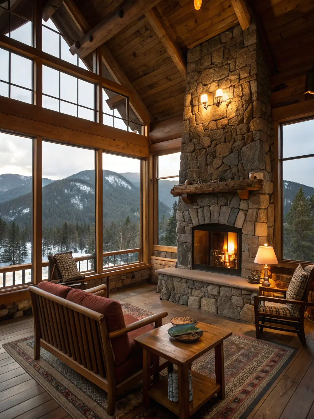 A cozy, rustic cabin interior with a stone fireplace, comfortable seating, and warm lighting, suggesting a relaxing and inviting atmosphere for families.
