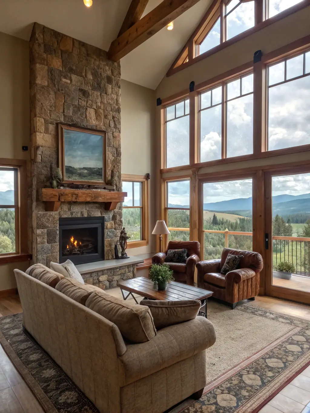 A beautifully decorated cabin interior with a stone fireplace, comfortable seating, and large windows showcasing a scenic view of Canyon Lake.
