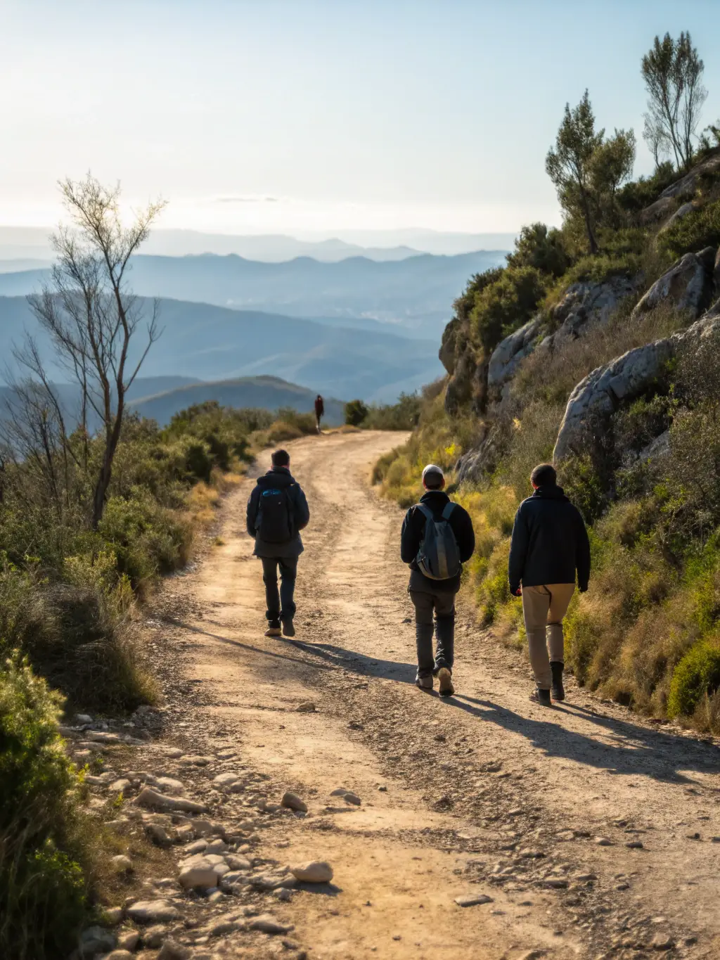 A group of people hiking a scenic trail near Canyon Lake, with rocky terrain and panoramic views of the lake and surrounding hills.