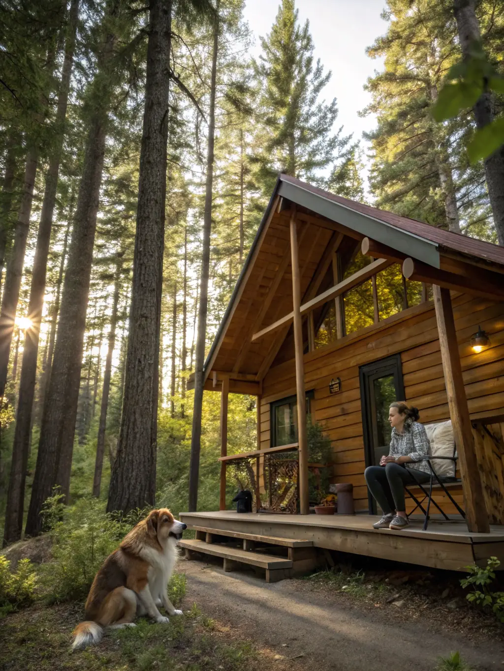 A pet-friendly cabin with a dog bed, toys, and a fenced-in yard, highlighting the accommodations available for guests traveling with pets.