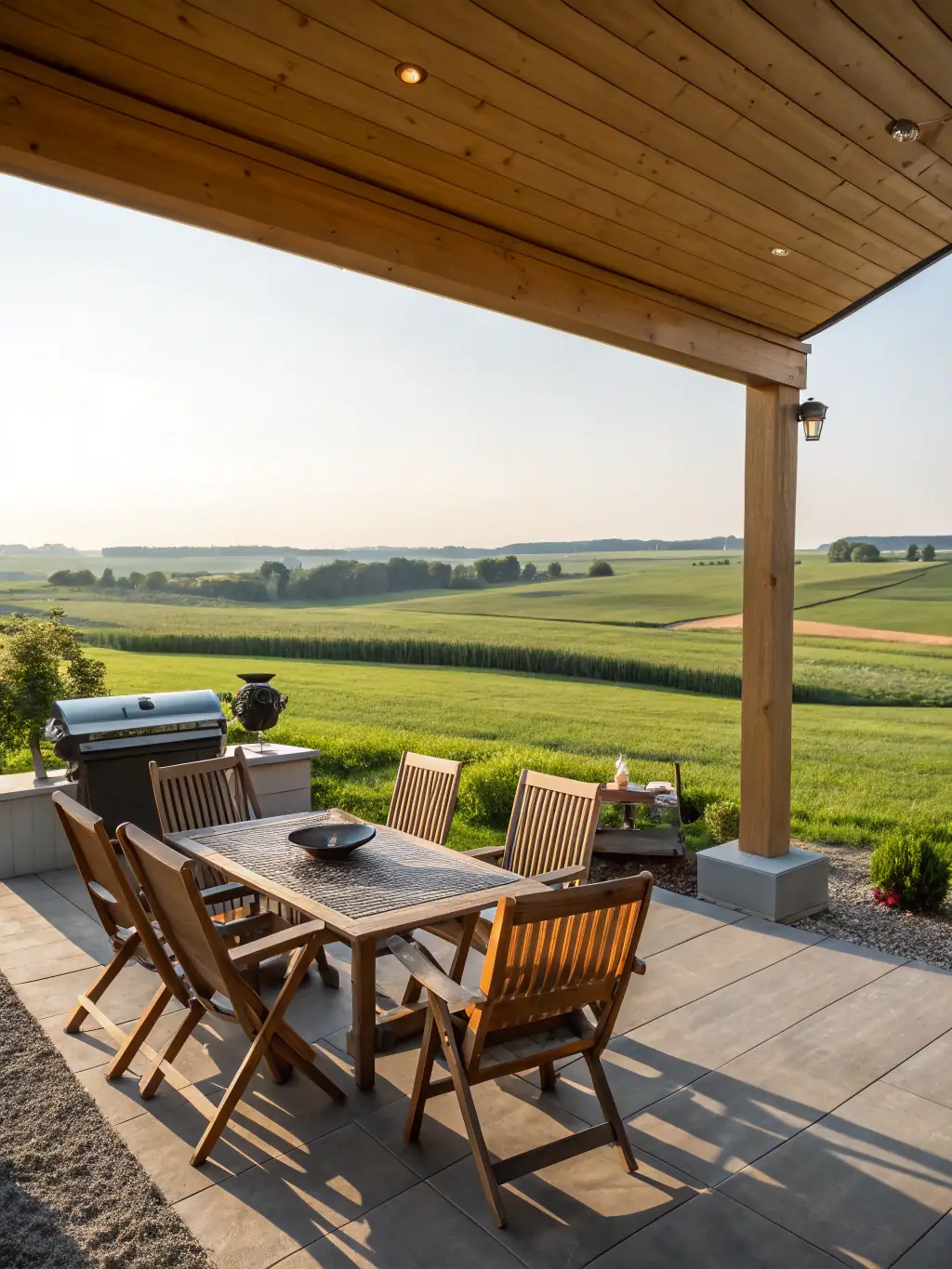 A spacious cabin deck with comfortable seating, a dining table, and a grill, overlooking the scenic beauty of Canyon Lake and surrounding nature.