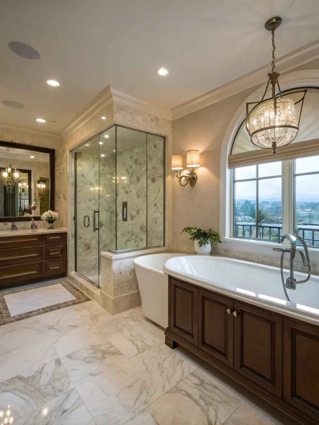 A luxurious cabin bathroom with a soaking tub, rainfall shower, and premium toiletries, providing a spa-like experience for guests.