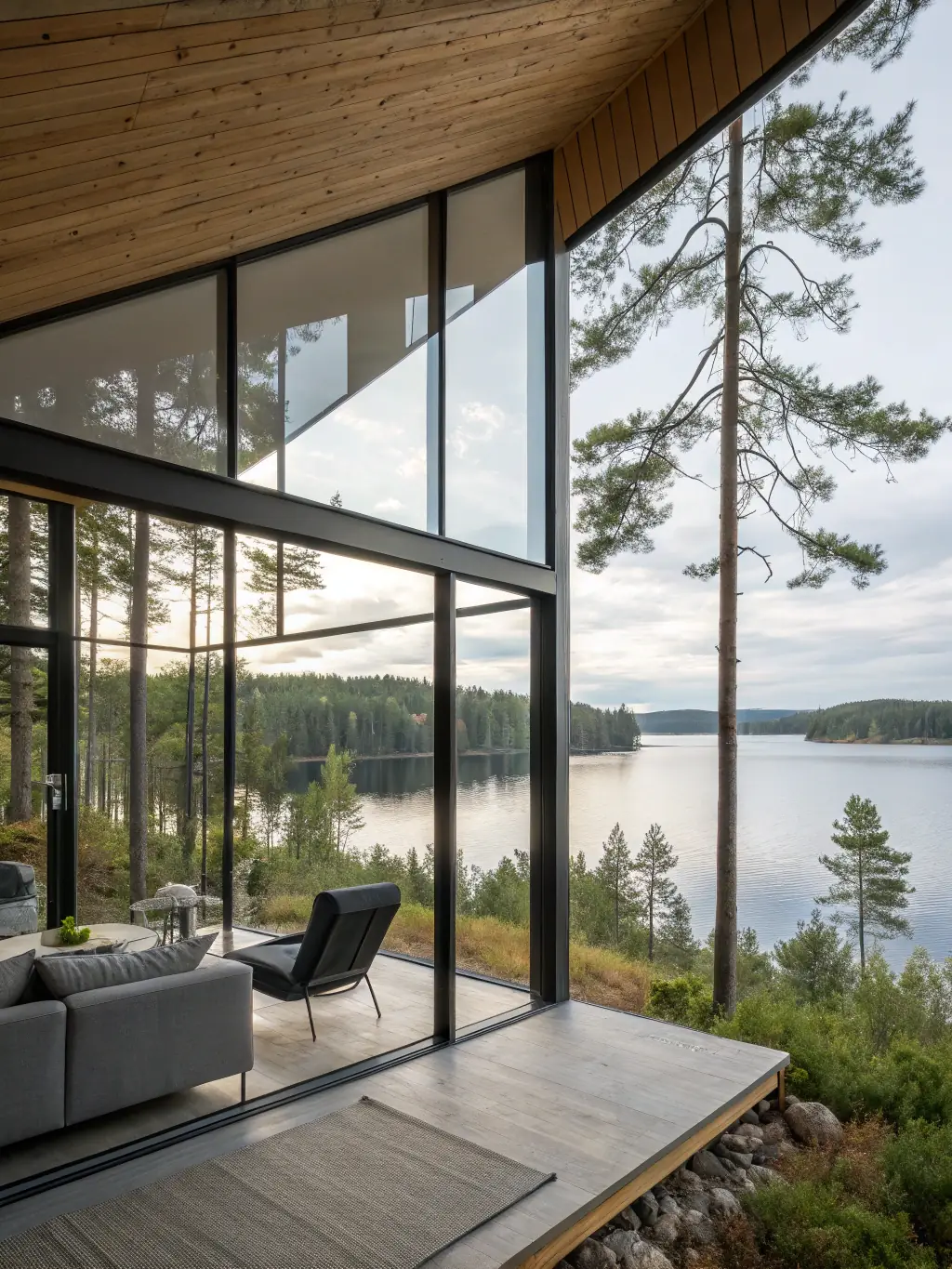 A modern cabin exterior with large windows, a private deck, and a hot tub, showcasing the luxurious amenities and scenic views available.