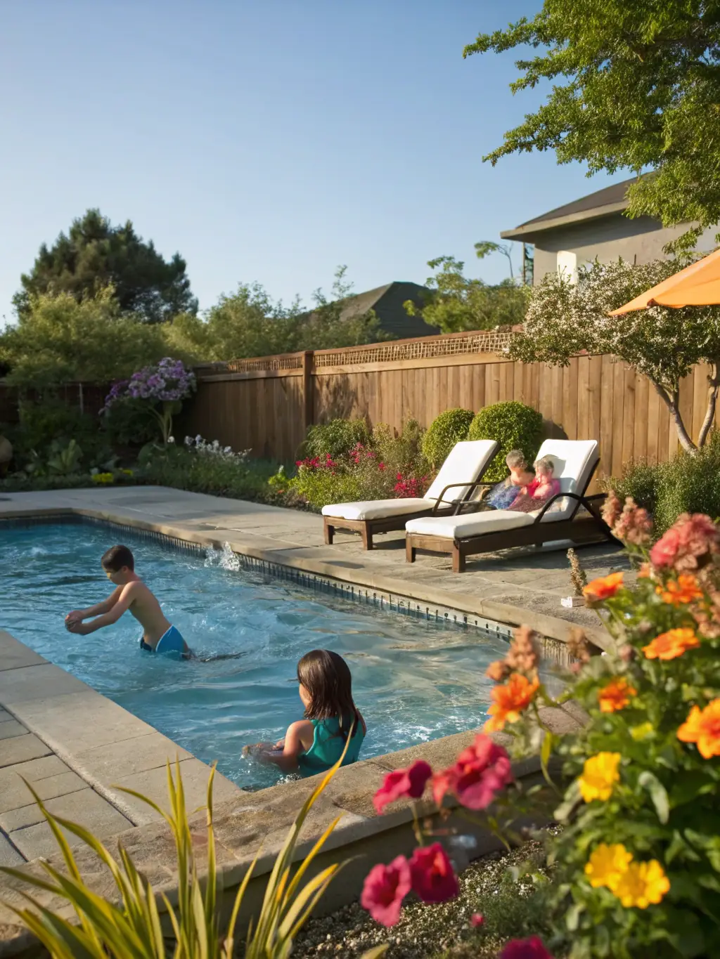 A photograph of the Starlight Horizon's pool area at sunset, showcasing families enjoying the water and the surrounding landscape.